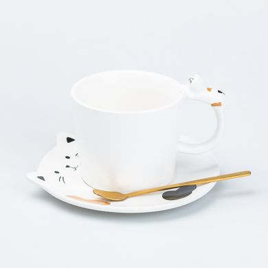 Чашка с блюдцем и ложкой керамическая 250 мл "Котик" Белая HP7202W фото