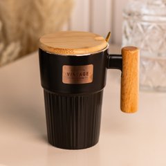 Чашка керамічна з ложкою та бамбуковою кришкою 400 мл Чорна HP7205B фото