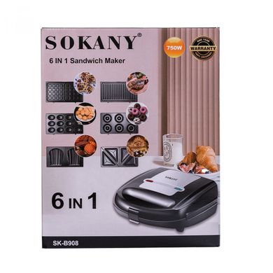Бутербродниця електрична сендвічниця мультипекар 6 в 1 750 Вт та антипригарне покриття Sokany SK-B908 SKB908BST фото