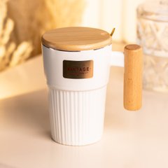 Чашка керамічна з ложкою та бамбуковою кришкою 400 мл Біла HP7205W фото
