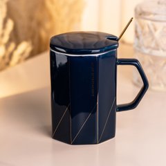 Чашка з кришкою та ложкою керамічна 400 мл Чорна HP7206B фото