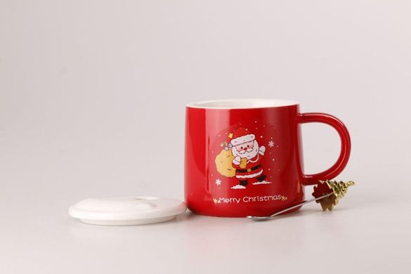 Чашка керамічна Merry Christmas 500мл з кришкою і ложкою чашка з кришкою Червоний HPCY8279R фото
