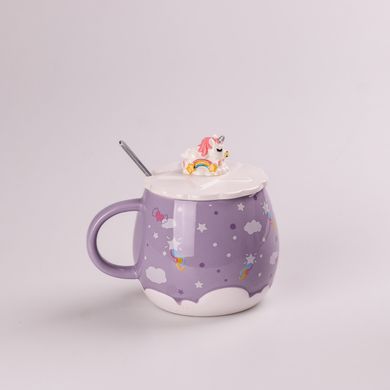 Чашка керамічна Rainbow Ceramic Mug 400ml Pink з кришкою і ложкою кухоль для чаю з кришкою Бузковий HPCY8278V фото