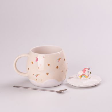 Чашка керамічна Rainbow Ceramic Mug 400ml Pink з кришкою і ложкою кухоль для чаю з кришкою Бежевий HPCY8278BE фото