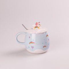 Чашка керамічна 400 мл Rainbow з кришкою та ложкою Блакитний HPCY8278BL фото