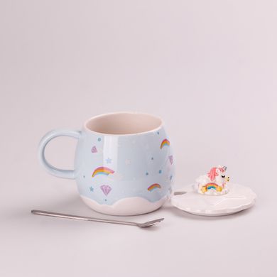 Чашка керамическая Rainbow Ceramic Mug 400ml с крышкой и ложкой кружка для чая с крышкой Голубой HPCY8278BL фото