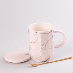 Чашка керамічна мармур 420мл з кришкою та ложкою чашка з кришкою чашки для кави Білий HPCY8312W фото