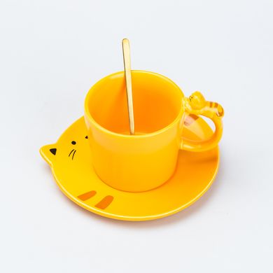 Чашка з блюдцем та ложкою керамічна 250 мл "Кошеня" Жовта HP7202Y фото