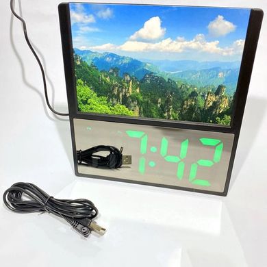 Електронний дротовий настільний цифровий годинник DS-6608 з фоторамкою, зелене підсвічування. Колір: чорний ws59436-1 фото