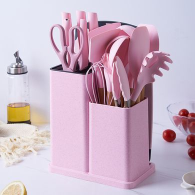Набір кухонного приладдя на підставці 19шт кухонні ножі Рожевий HP8P фото