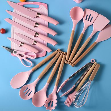 Набір кухонного приладдя на підставці 19шт кухонні ножі Рожевий HP8P фото