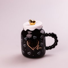 Кухоль керамічний Creative Show Ceramic Cup 400мл з кришкою чашка з кришкою Чорна з білими сердечками HPCY8371BW фото
