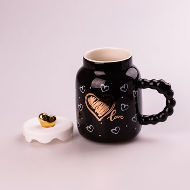 Кружка керамическая Creative Show Ceramic Cup 400мл с крышкой чашка с крышкой Черная с белыми сердечками HPCY8371BW фото