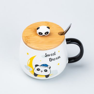 Чашка 450 мл з бамбуковою кришкою та ложкою керамічна Панда "Sweet Dream" HP7203M фото