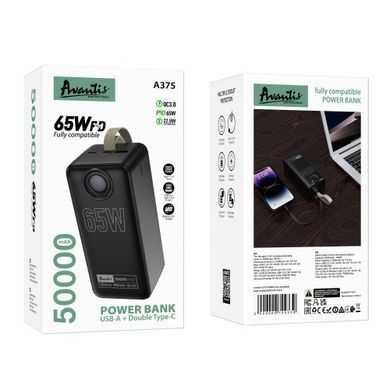 Power Bank Avantis A375 50000mAh (USB/2USB-C/65W)- чорний (900166) 900166 фото