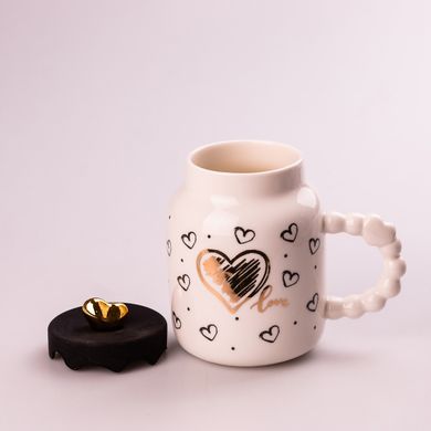 Кухоль керамічний Creative Show Ceramic Cup 400мл з кришкою чашка з кришкою Біла з чорними сердечками HPCY8371WB фото