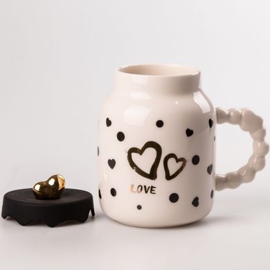Кухоль керамічний Creative Show Ceramic Cup 400мл з кришкою чашка з кришкою Біла в чорний горошок HPCY8371W фото