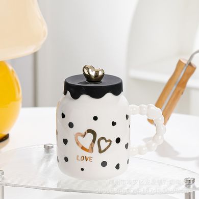 Кружка керамическая Creative Show Ceramic Cup 400мл с крышкой чашка с крышкой Белая в черный горошек HPCY8371W фото