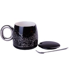 Чашка керамічна Golden Romance 400мл з кришкою і ложкою кухоль для чаю Чорний HP405B фото