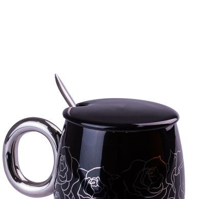 Чашка керамічна Golden Romance 400мл з кришкою і ложкою кухоль для чаю Чорний HP405B фото