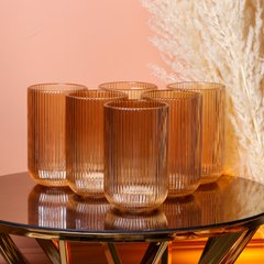 Склянка для напоїв висока фігурна прозора ребриста з товстого скла набір 6 шт Бурштиновий HP7113A фото