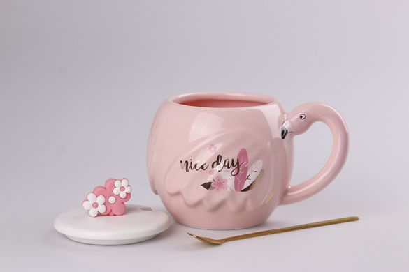 Чашка керамічна Flamingo 500мл з кришкою і ложкою чашки для кави Nice day HPCY8276ND фото
