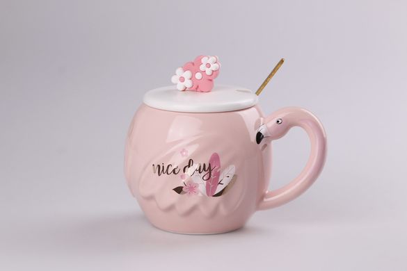 Чашка керамічна Flamingo 500мл з кришкою і ложкою чашки для кави Nice day HPCY8276ND фото