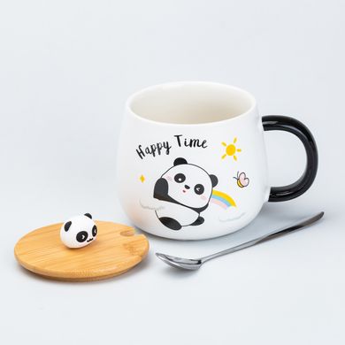 Чашка 450 мл з бамбуковою кришкою та ложкою керамічна Панда "Happy Time" HP7203R фото