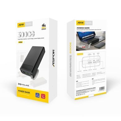 Power Bank Aspor A306 Fast Charge 30000mAh (USB-C/USB/Type-C/Lightning/22.5W)- чорний (900124) 900124 фото
