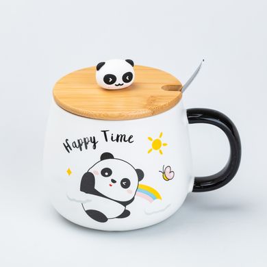 Чашка 450 мл з бамбуковою кришкою та ложкою керамічна Панда "Happy Time" HP7203R фото