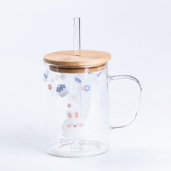 Чашка скляна 0.5 (л) з дерев'яною кришкою та трубочкою Орнамент HP7214D фото