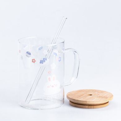 Чашка скляна 0.5 (л) з дерев'яною кришкою та трубочкою Орнамент HP7214D фото