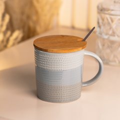 Чашка з бамбуковою кришкою та ложкою керамічна 350 мл Сіра HP7201G фото