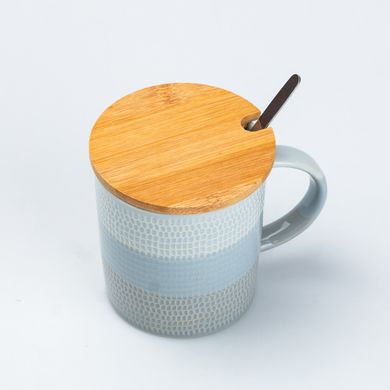 Чашка з бамбуковою кришкою та ложкою керамічна 350 мл Сіра HP7201G фото