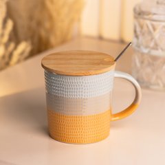 Чашка з бамбуковою кришкою та ложкою керамічна 350 мл Помаранчева HP7201O фото