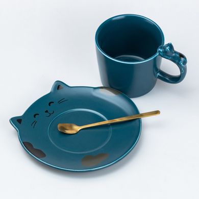 Чашка з блюдцем та ложкою керамічна 250 мл "Кошеня" Синя HP7202BL фото