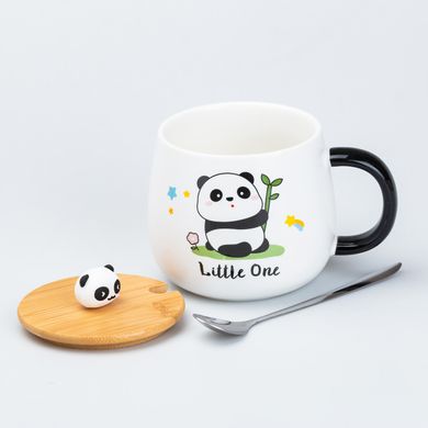 Чашка 450 мл з бамбуковою кришкою та ложкою керамічна Панда "Little One" HP7203B фото