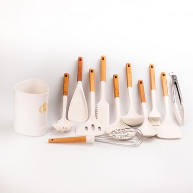 Набір кухонного приладдя на підставці 12 штук кухонні аксесуари силіконові з дерев'яною ручкою YRUR9 фото