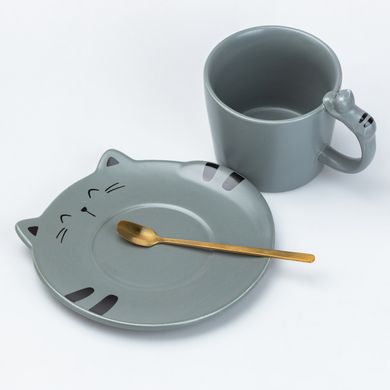 Чашка с блюдцем и ложкой керамическая 250 мл "Котик" Серая HP7202G фото