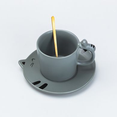 Чашка з блюдцем та ложкою керамічна 250 мл "Кошеня" Сіра HP7202G фото
