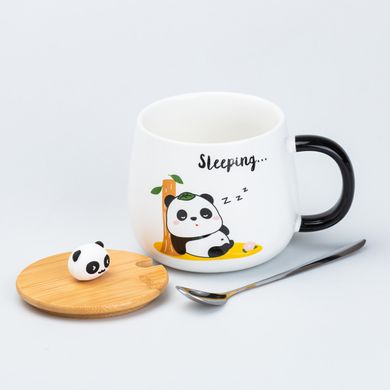 Чашка 450 мл з бамбуковою кришкою та ложкою керамічна Панда "Sleeping" HP7203T фото
