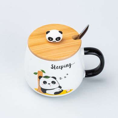 Чашка 450 мл з бамбуковою кришкою та ложкою керамічна Панда "Sleeping" HP7203T фото