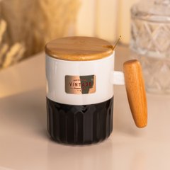 Чашка керамічна з бамбуковою кришкою та ручкою 400 мл Чорна HP7204B фото
