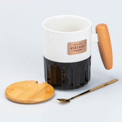 Чашка керамічна з бамбуковою кришкою та ручкою 400 мл Чорна HP7204B фото