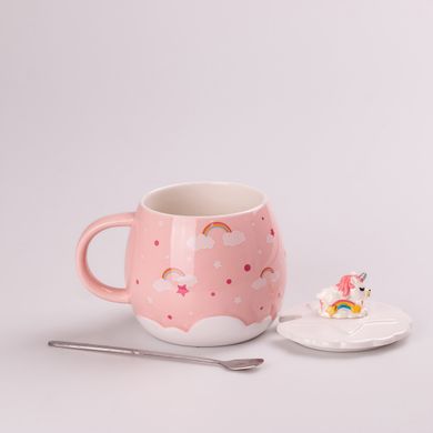 Чашка керамічна Rainbow Ceramic Mug 400ml Pink з кришкою і ложкою кухоль для чаю з кришкою HPCY8278P фото