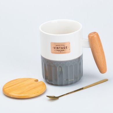Чашка керамическая с бамбуковой крышкой и ручкой 400 мл Серая HP7204G фото
