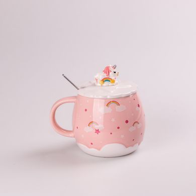 Чашка керамічна Rainbow Ceramic Mug 400ml Pink з кришкою і ложкою кухоль для чаю з кришкою HPCY8278P фото