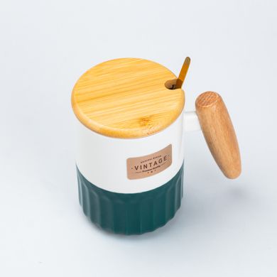 Чашка керамічна з бамбуковою кришкою та ручкою 400 мл Зелена HP7204GR фото