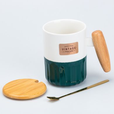 Чашка керамічна з бамбуковою кришкою та ручкою 400 мл Зелена HP7204GR фото